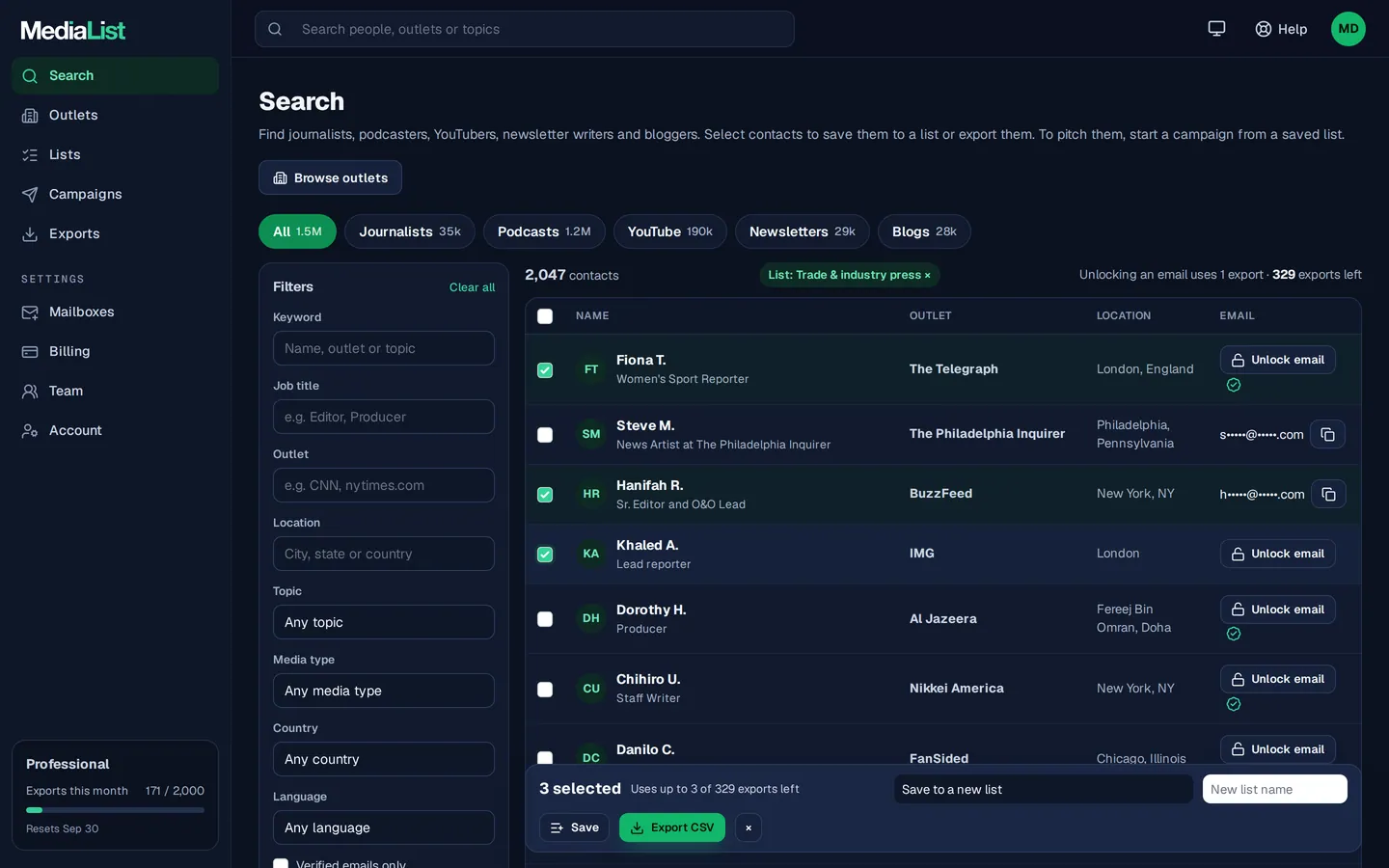 Media List search results with filters, showing contacts and verified emails