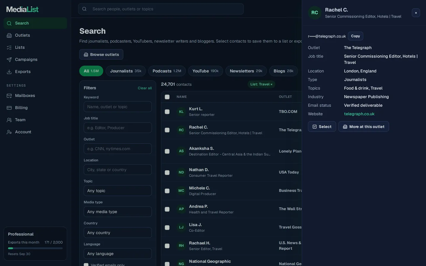 A contact opened in Media List, showing details and an unlocked email