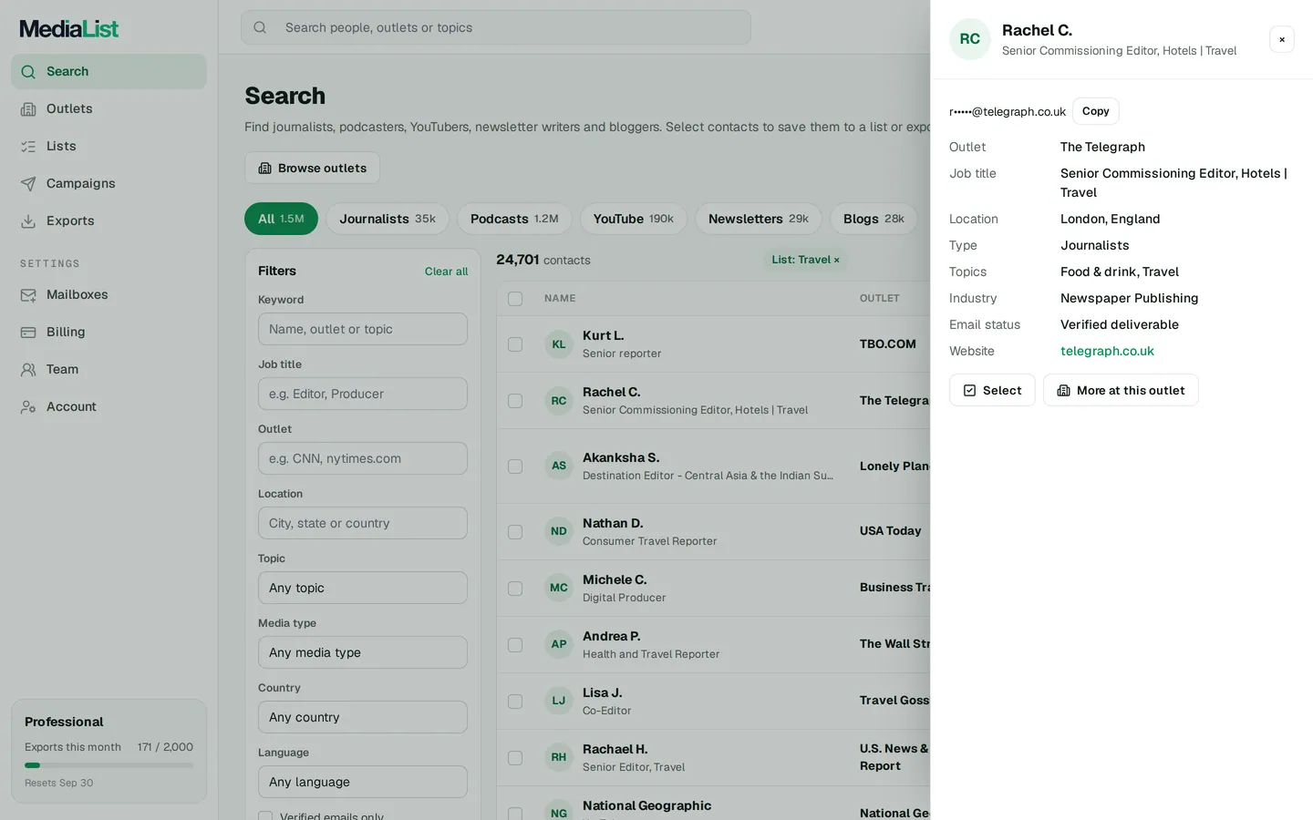 A contact opened in Media List, showing details and an unlocked email