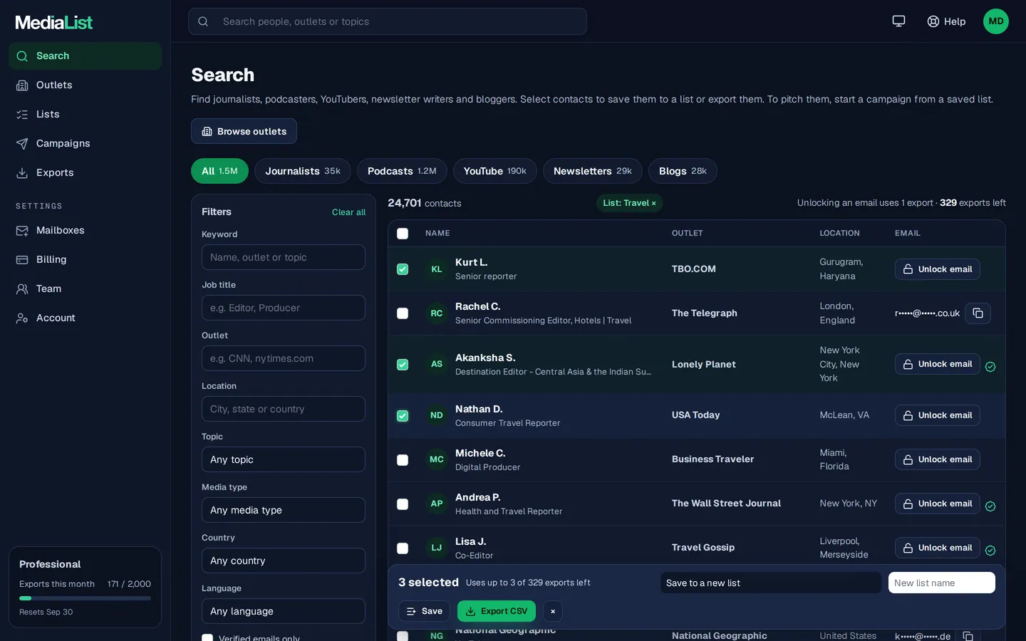 Media List search results with filters, showing contacts and verified emails