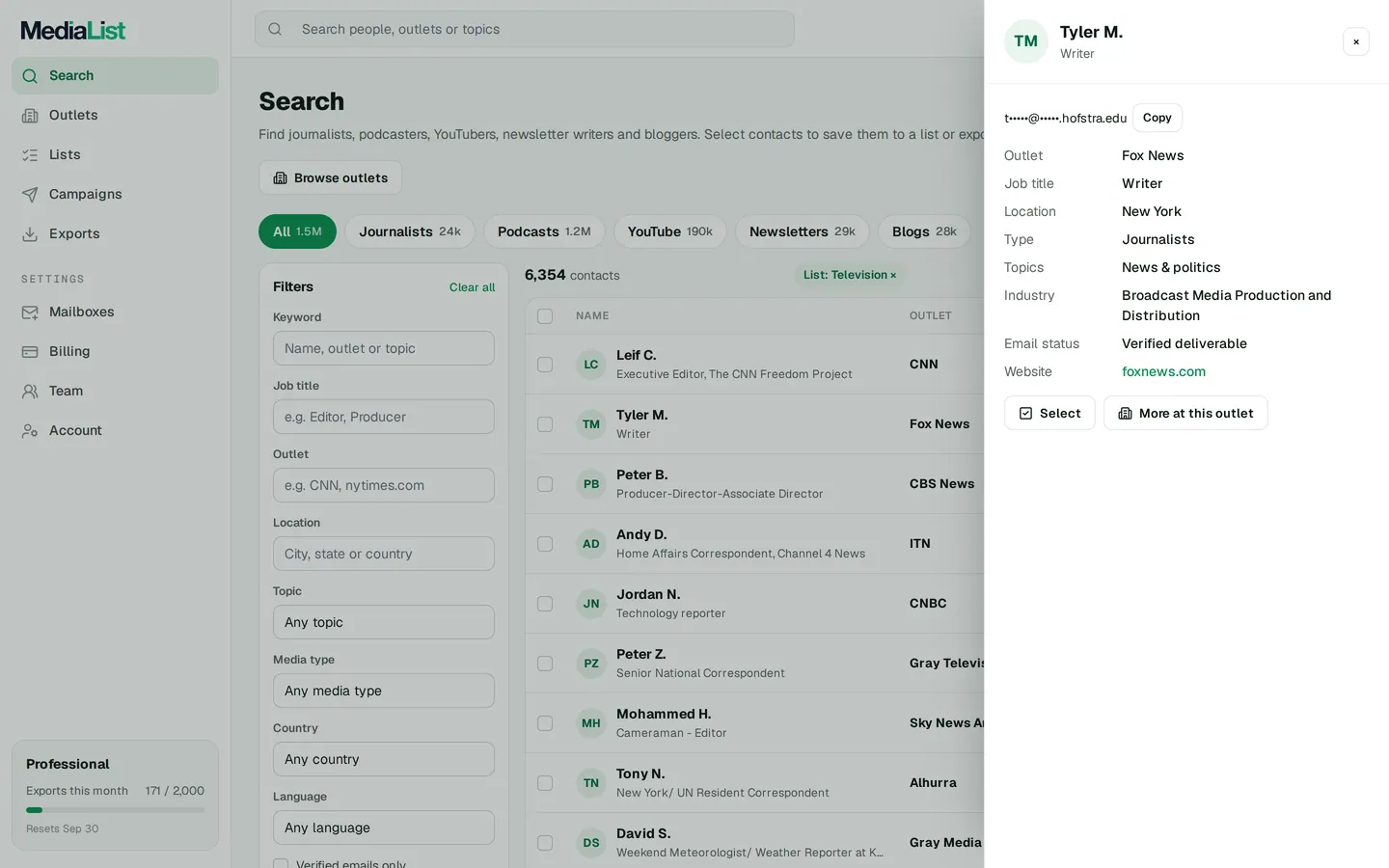 A contact opened in Media List, showing details and an unlocked email