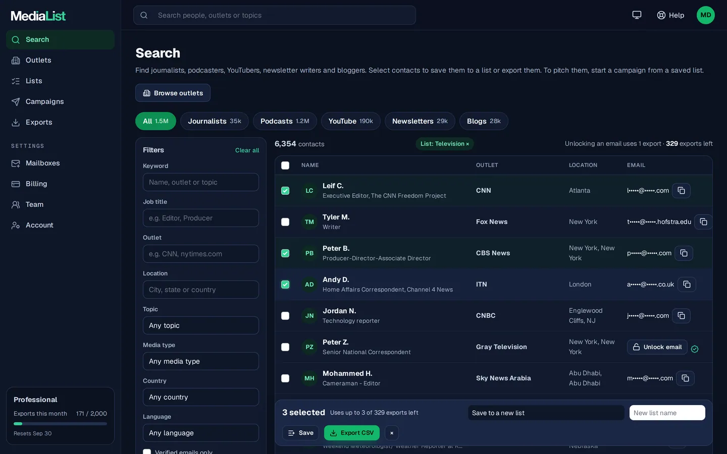 Media List search results with filters, showing contacts and verified emails
