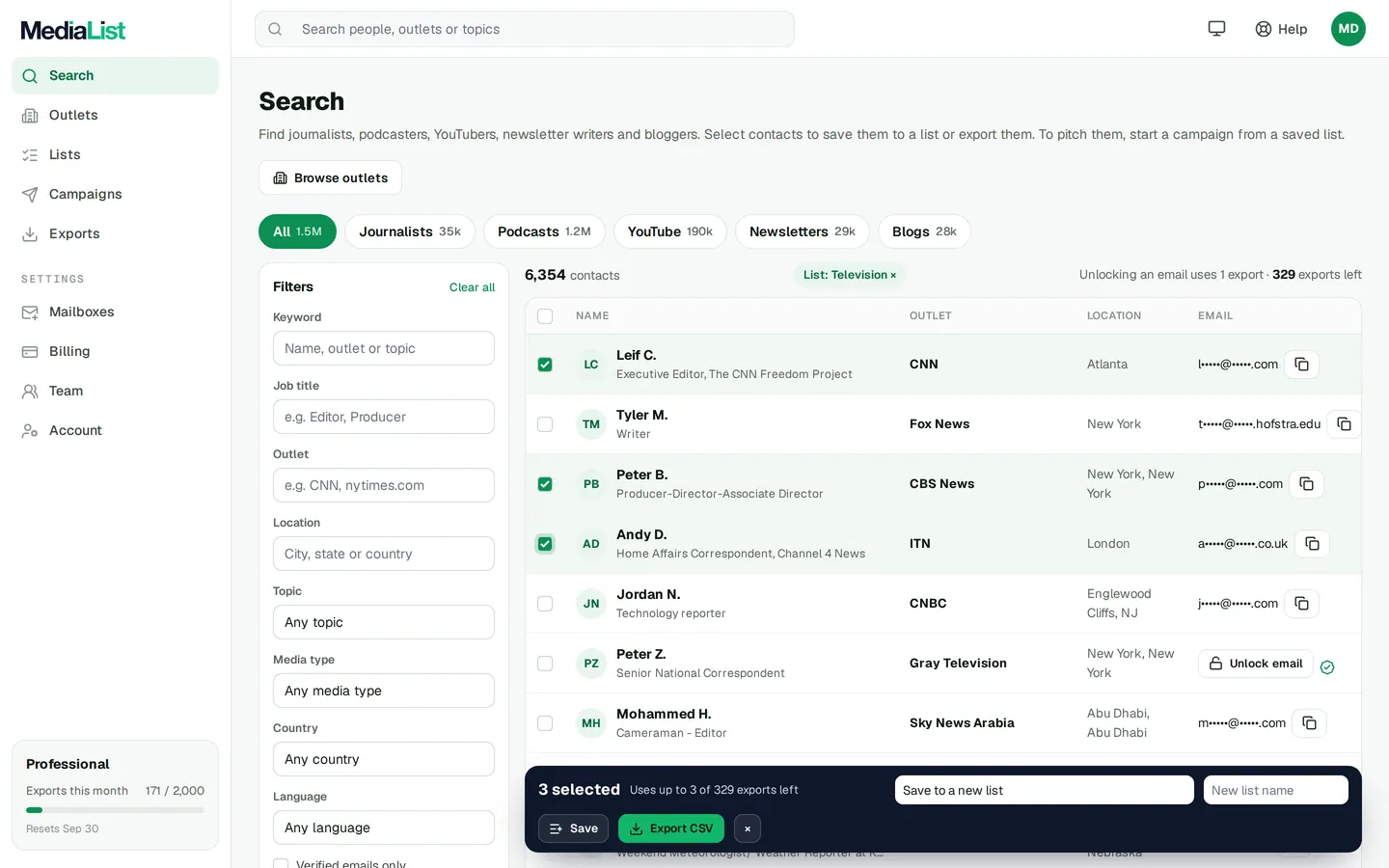 Media List search results with filters, showing contacts and verified emails