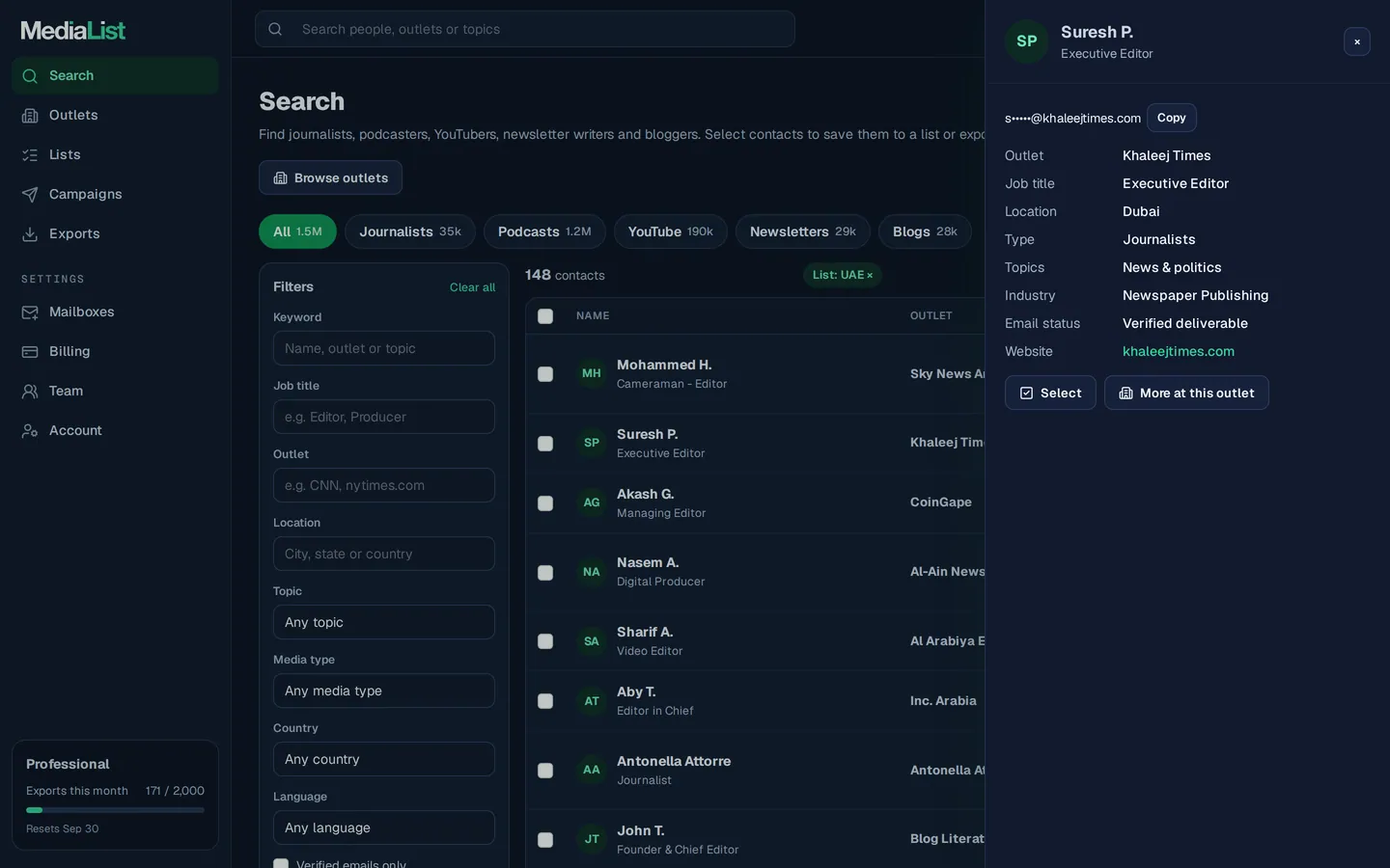 A contact opened in Media List, showing details and an unlocked email