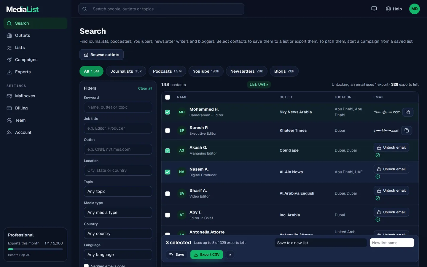Media List search results with filters, showing contacts and verified emails