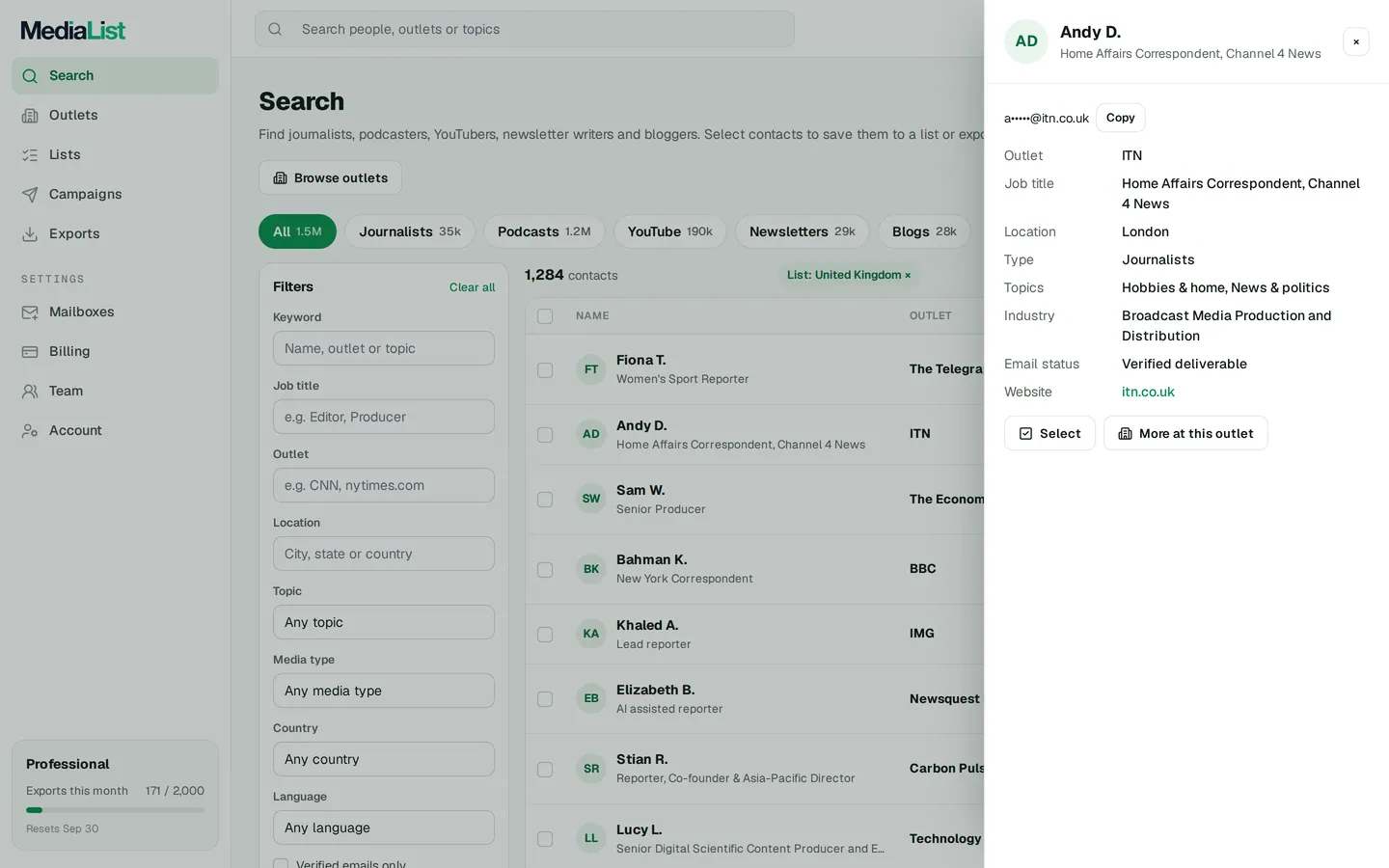 A contact opened in Media List, showing details and an unlocked email
