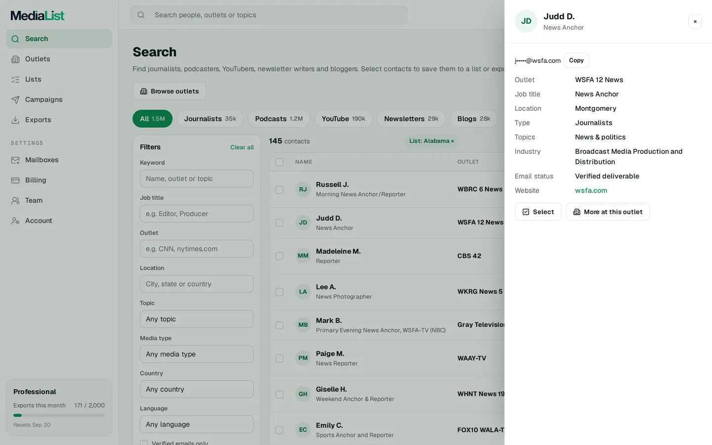 A contact opened in Media List, showing details and an unlocked email
