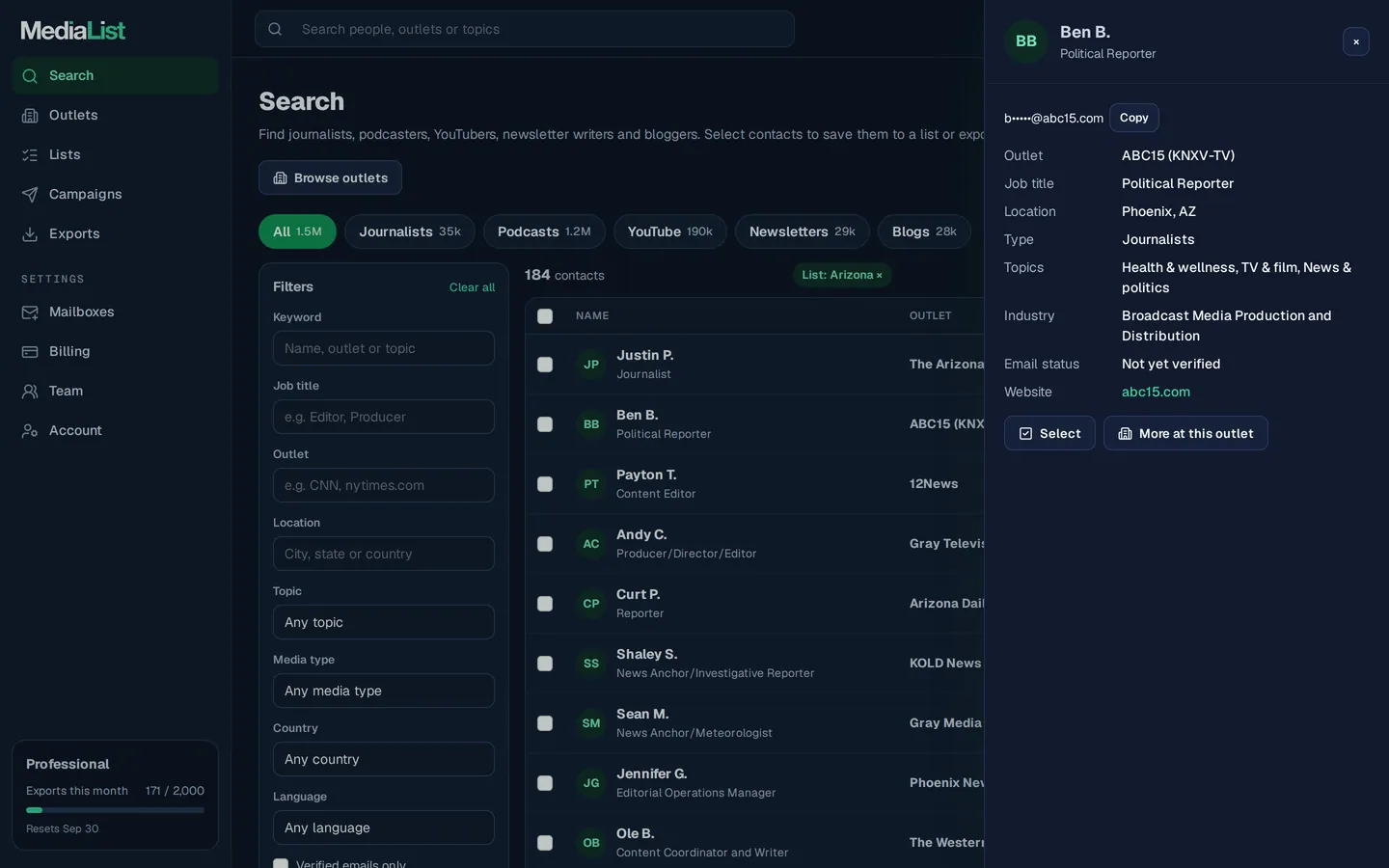 A contact opened in Media List, showing details and an unlocked email