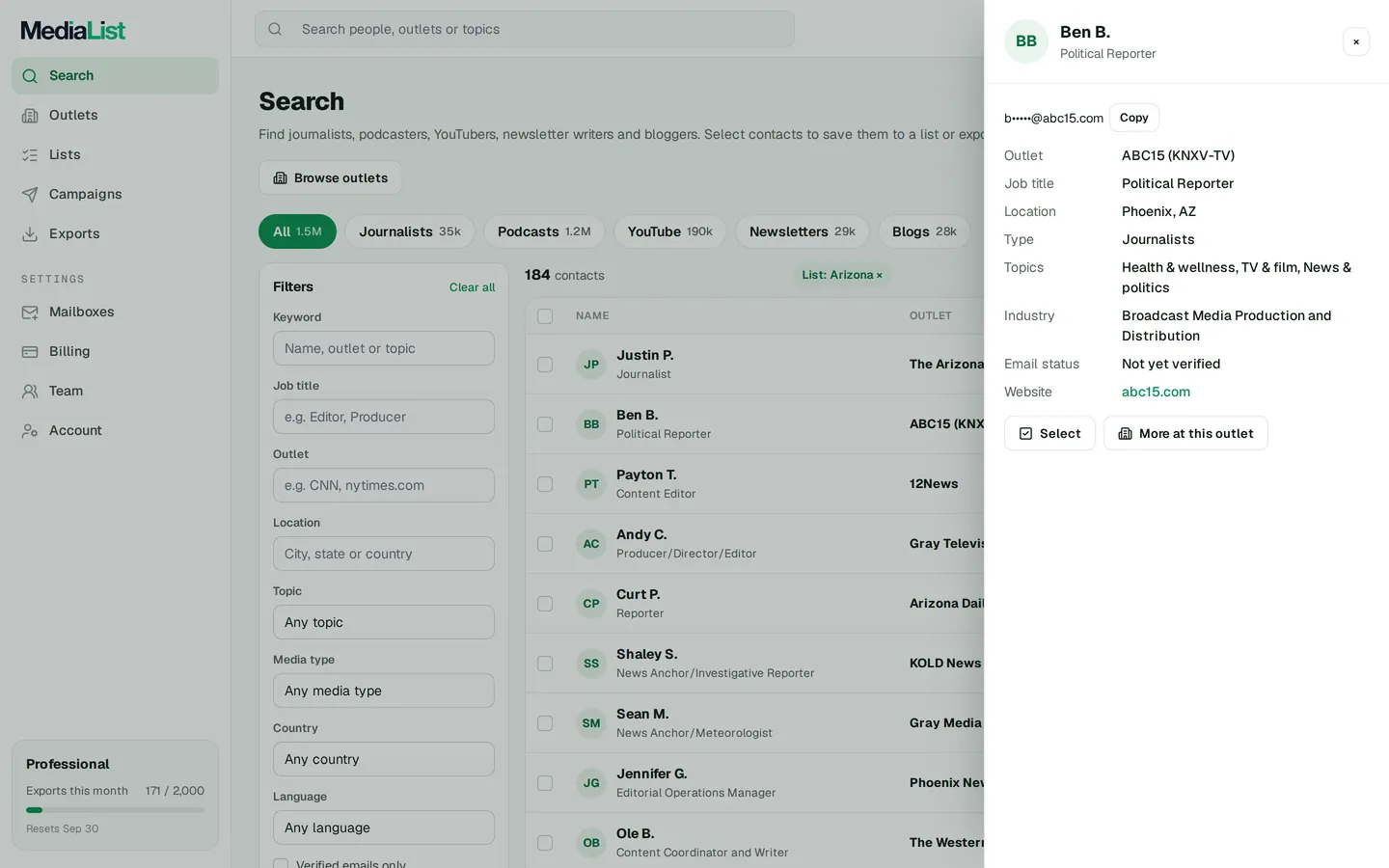 A contact opened in Media List, showing details and an unlocked email