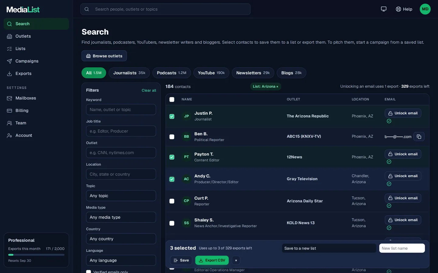 Media List search results with filters, showing contacts and verified emails
