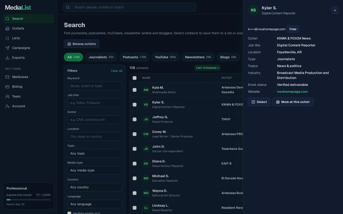 A contact opened in Media List, showing details and an unlocked email