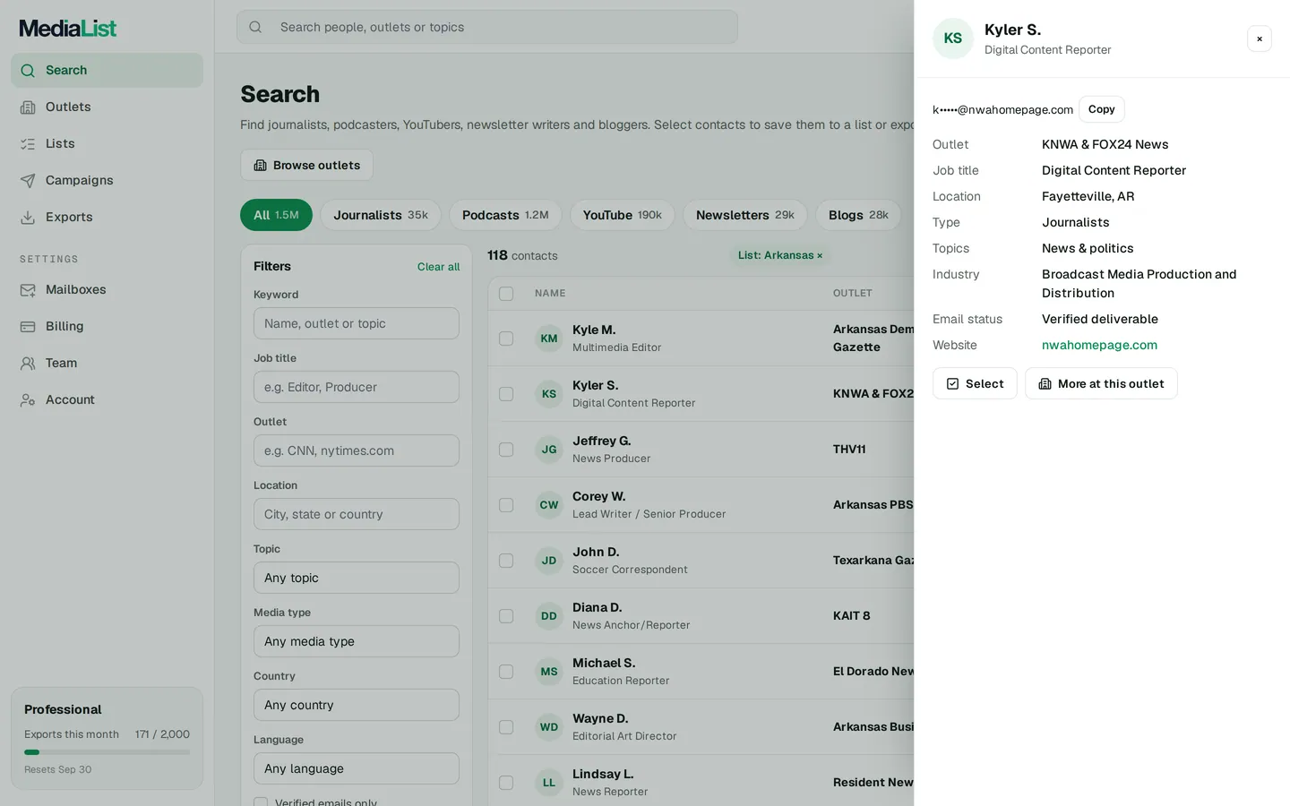 A contact opened in Media List, showing details and an unlocked email
