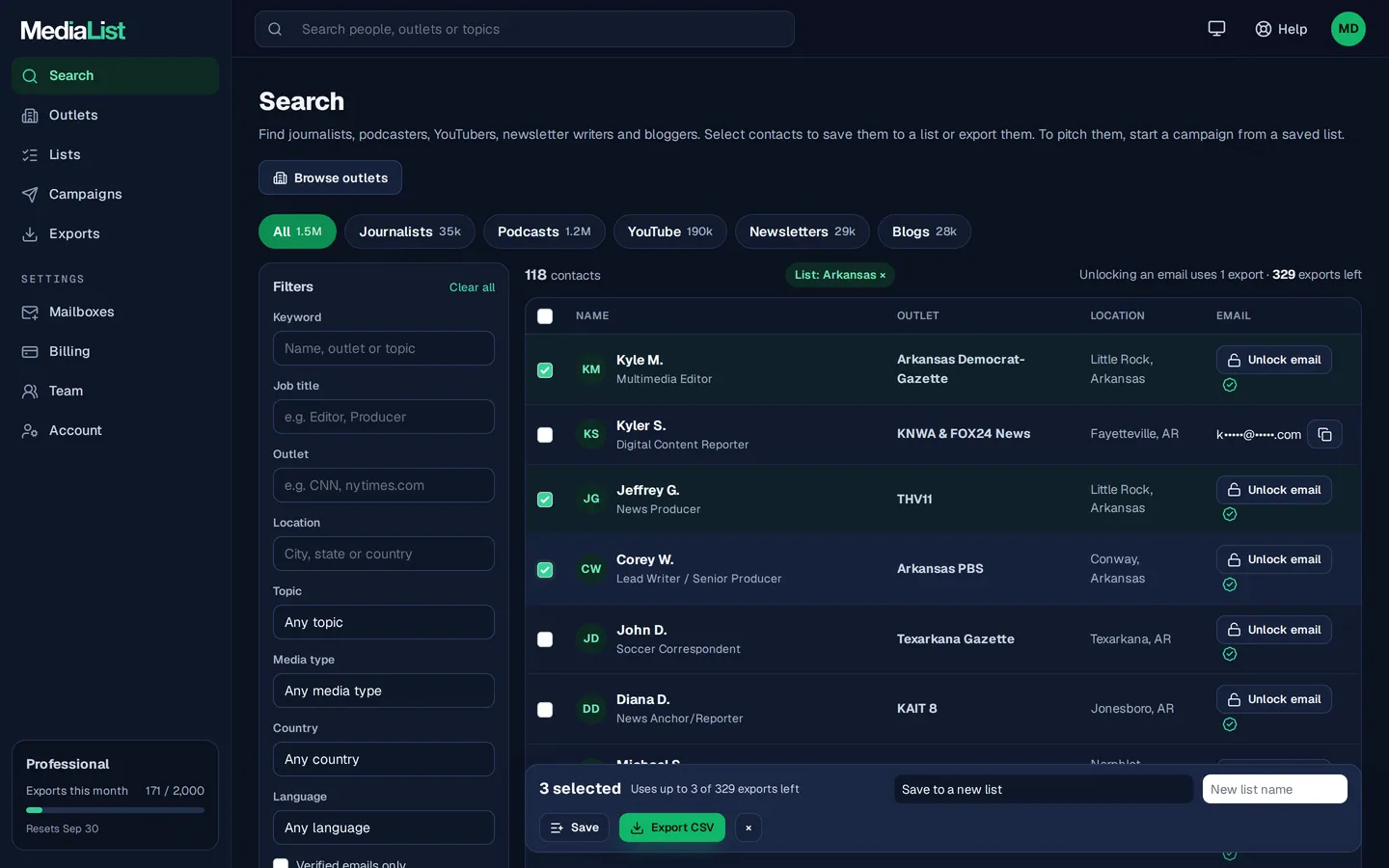 Media List search results with filters, showing contacts and verified emails
