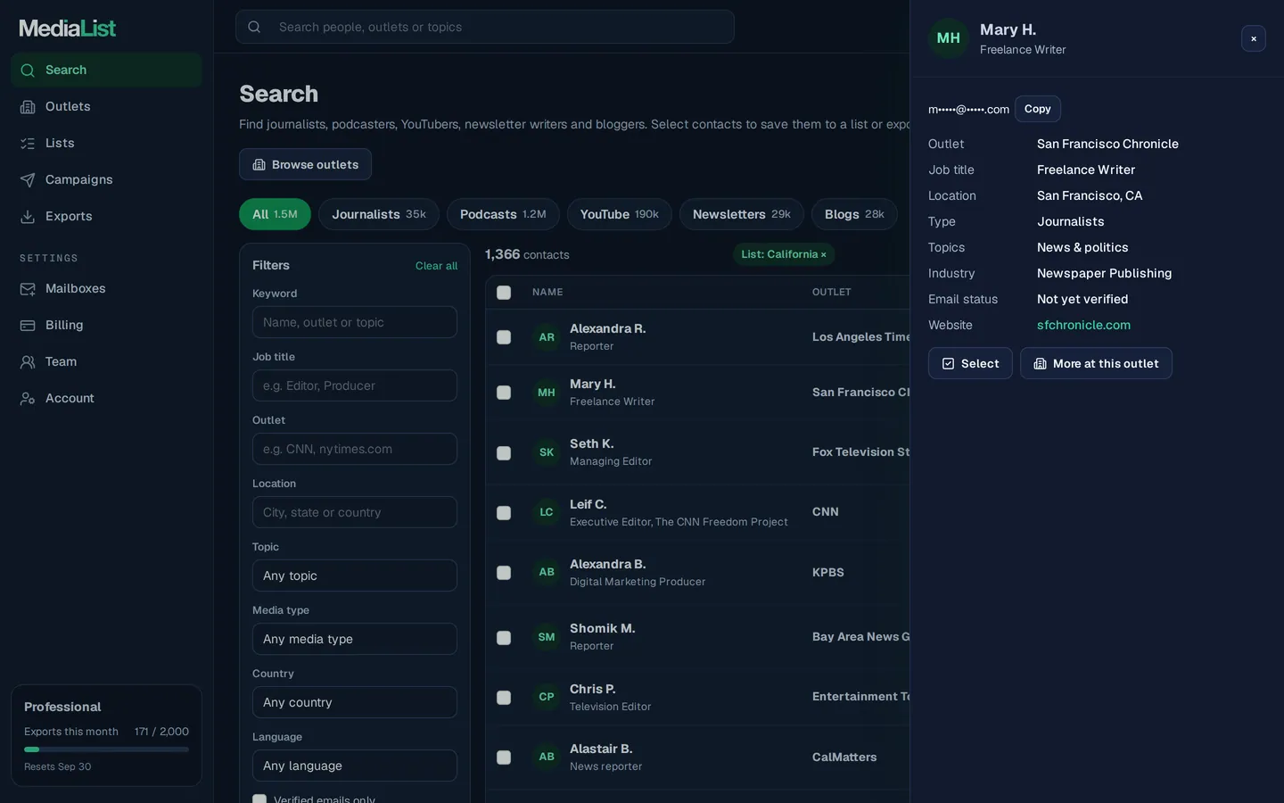A contact opened in Media List, showing details and an unlocked email
