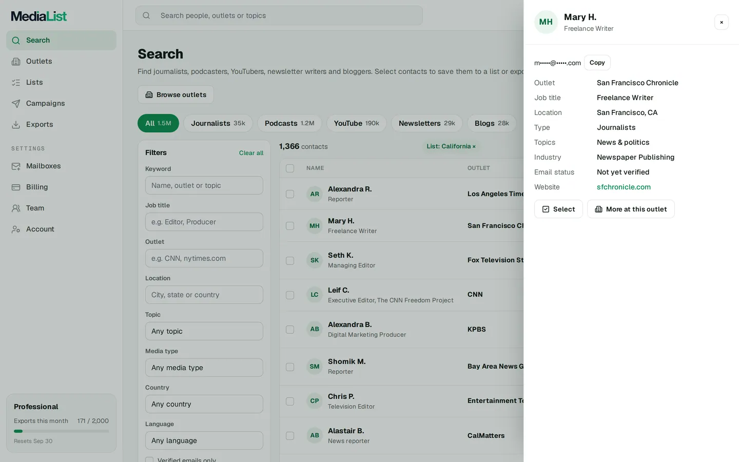 A contact opened in Media List, showing details and an unlocked email