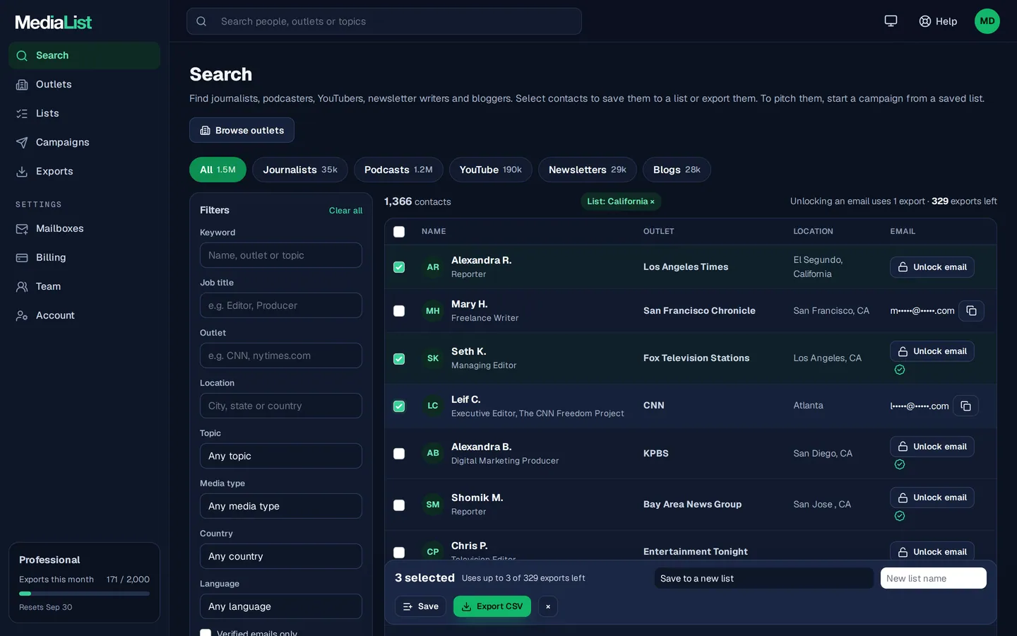 Media List search results with filters, showing contacts and verified emails