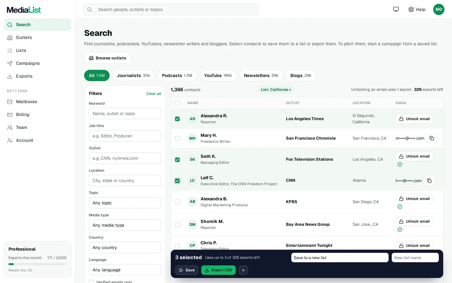 Media List search results with filters, showing contacts and verified emails