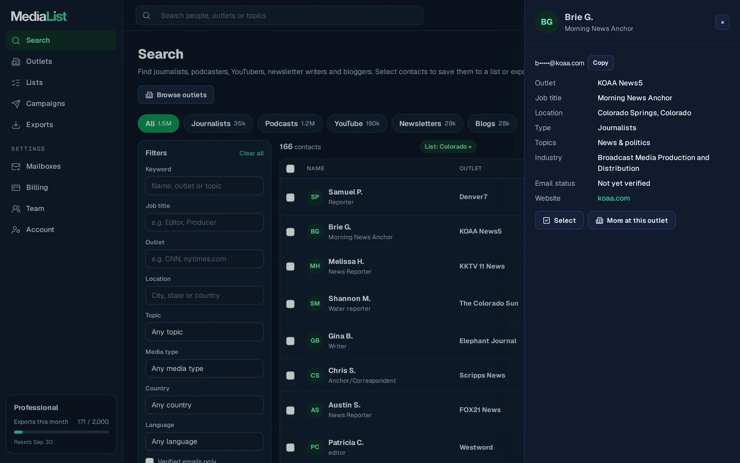 A contact opened in Media List, showing details and an unlocked email