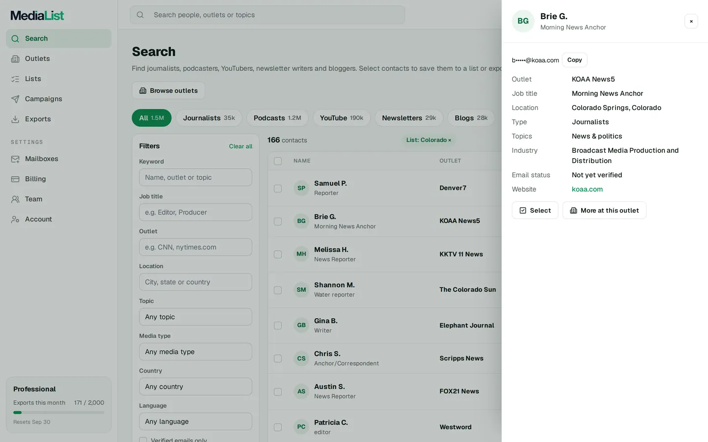 A contact opened in Media List, showing details and an unlocked email