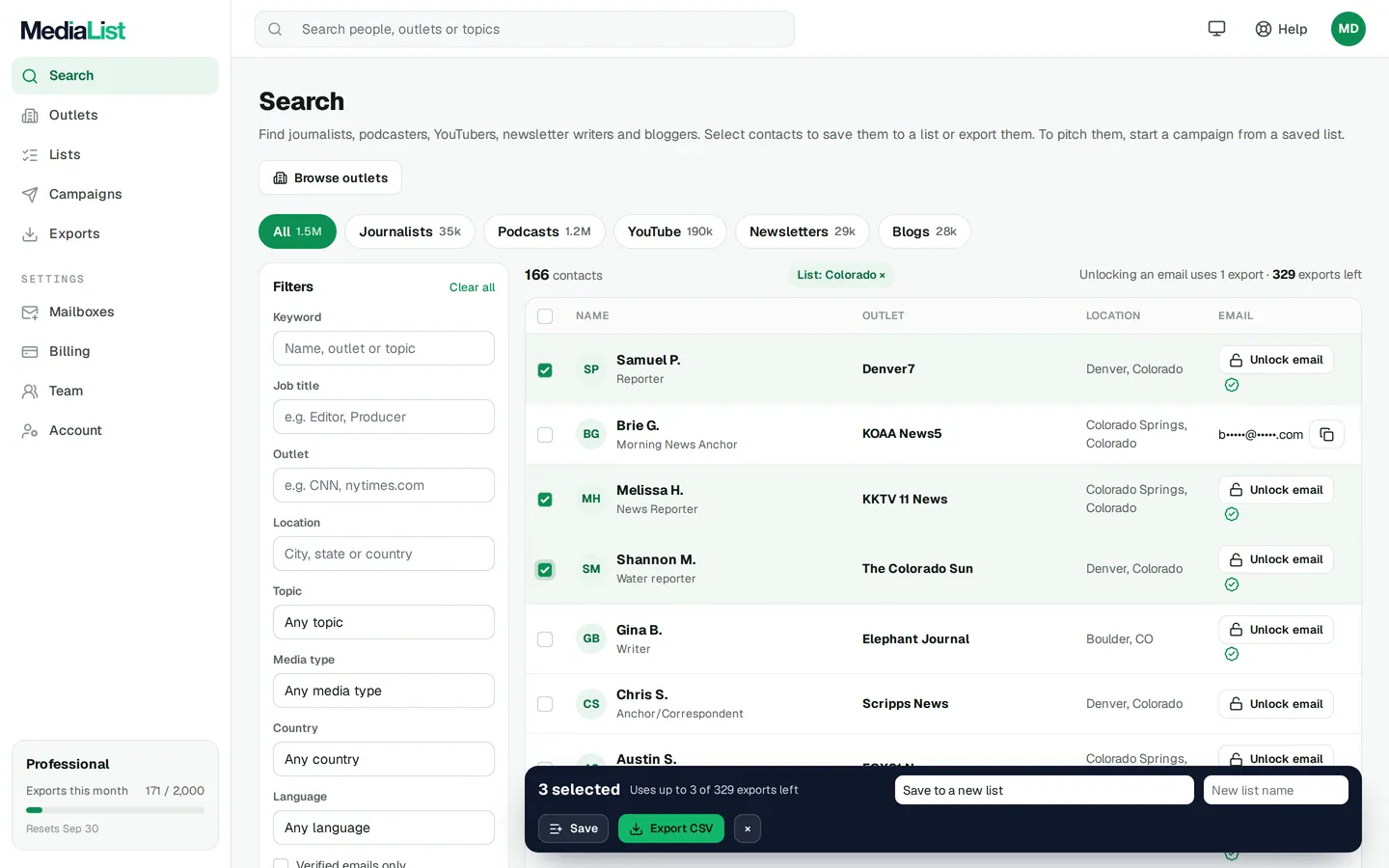 Media List search results with filters, showing contacts and verified emails