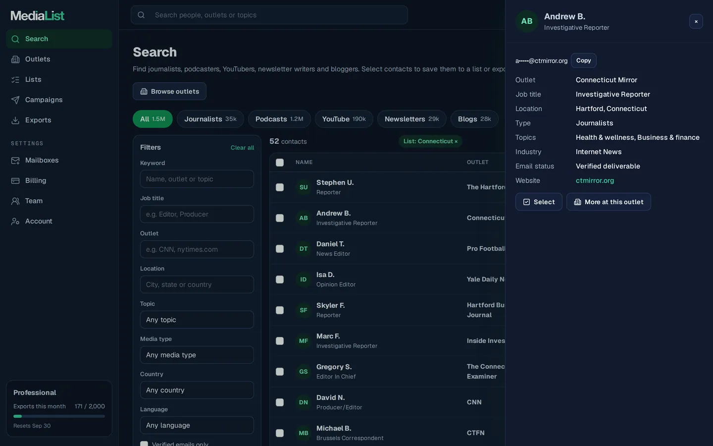 A contact opened in Media List, showing details and an unlocked email