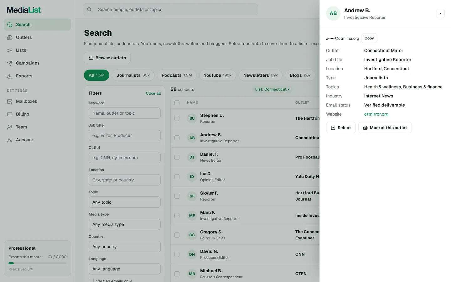 A contact opened in Media List, showing details and an unlocked email
