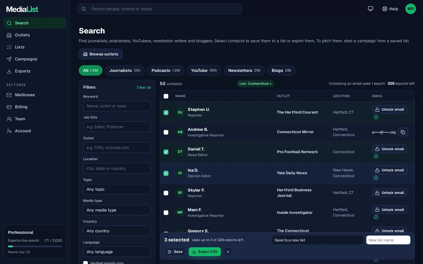 Media List search results with filters, showing contacts and verified emails