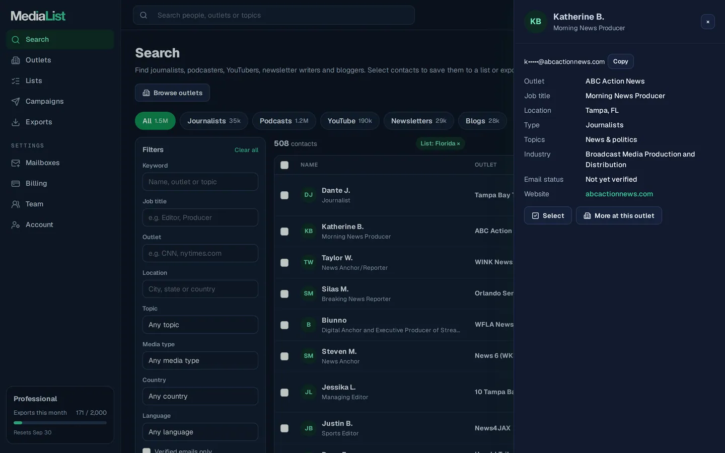 A contact opened in Media List, showing details and an unlocked email