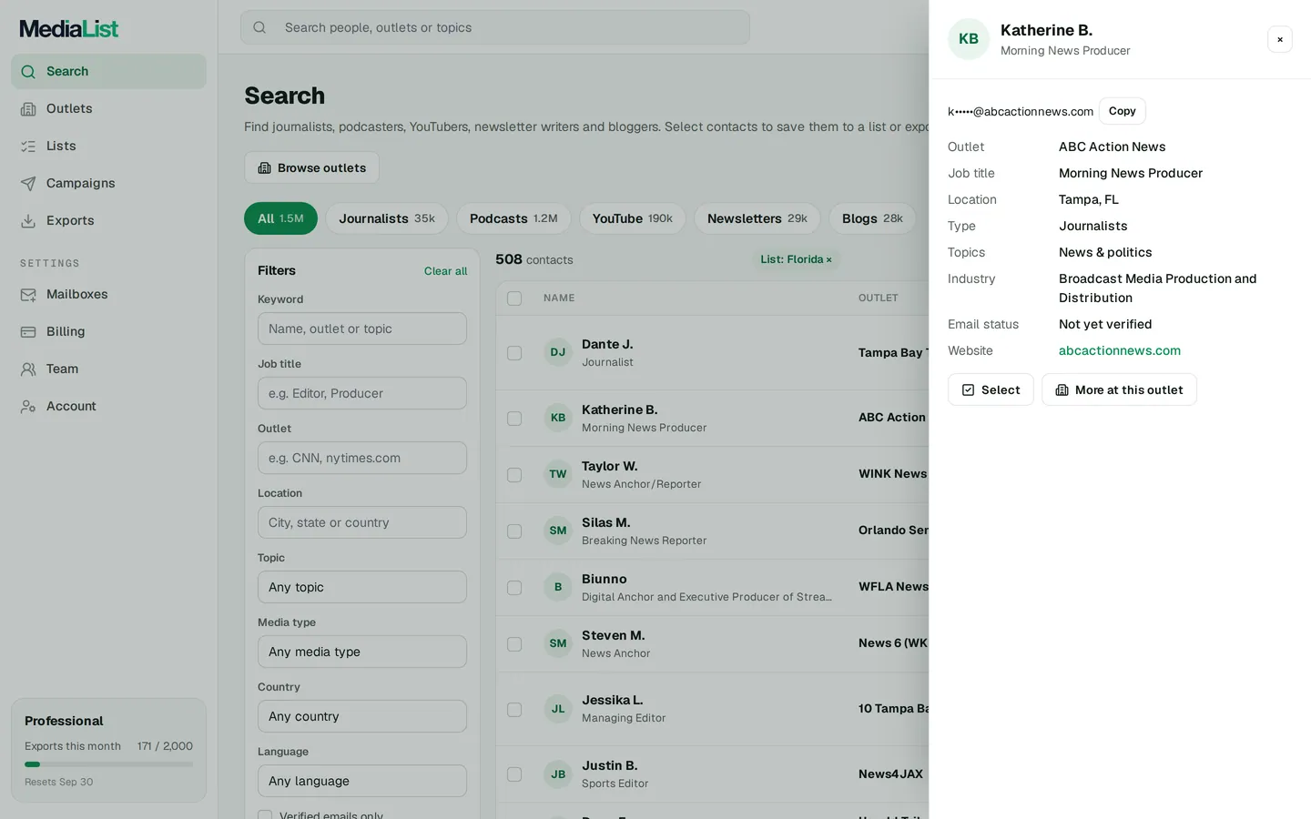 A contact opened in Media List, showing details and an unlocked email