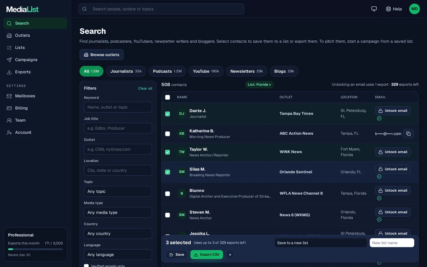 Media List search results with filters, showing contacts and verified emails