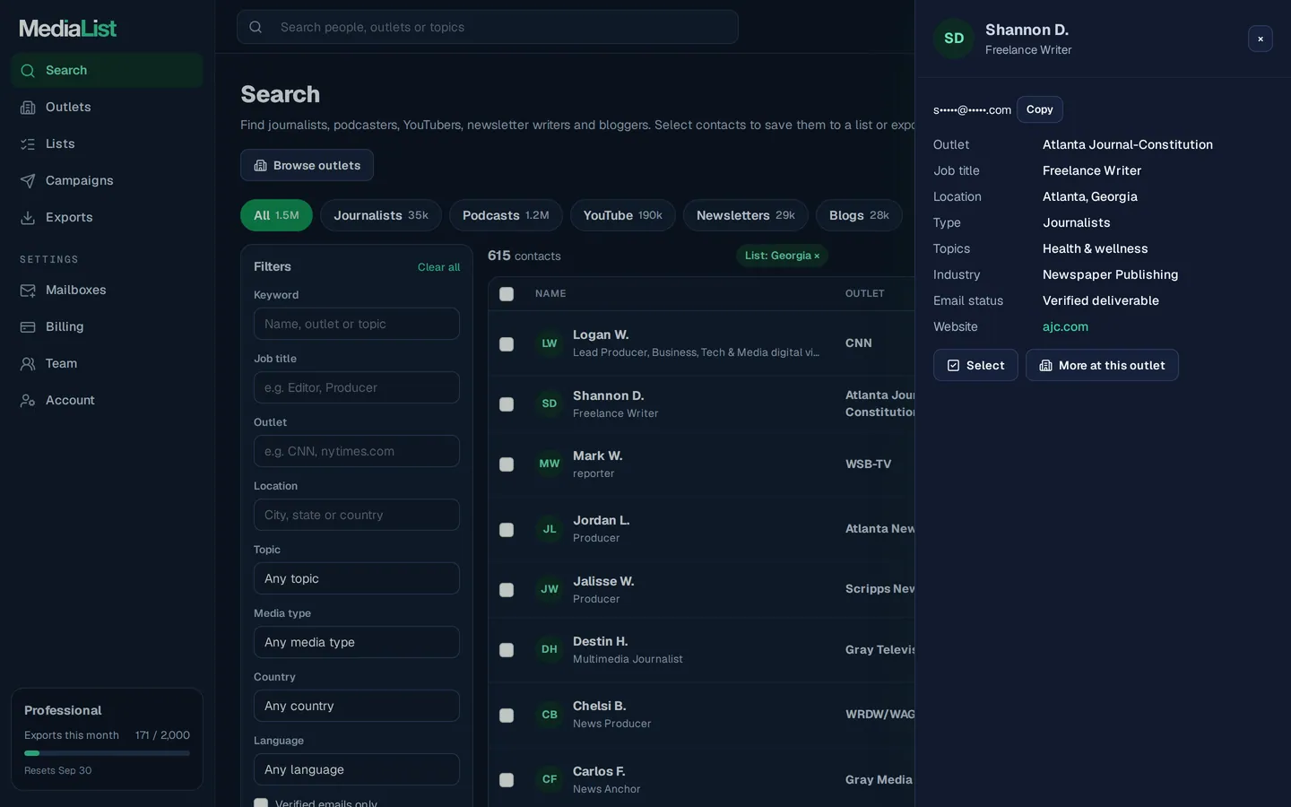 A contact opened in Media List, showing details and an unlocked email