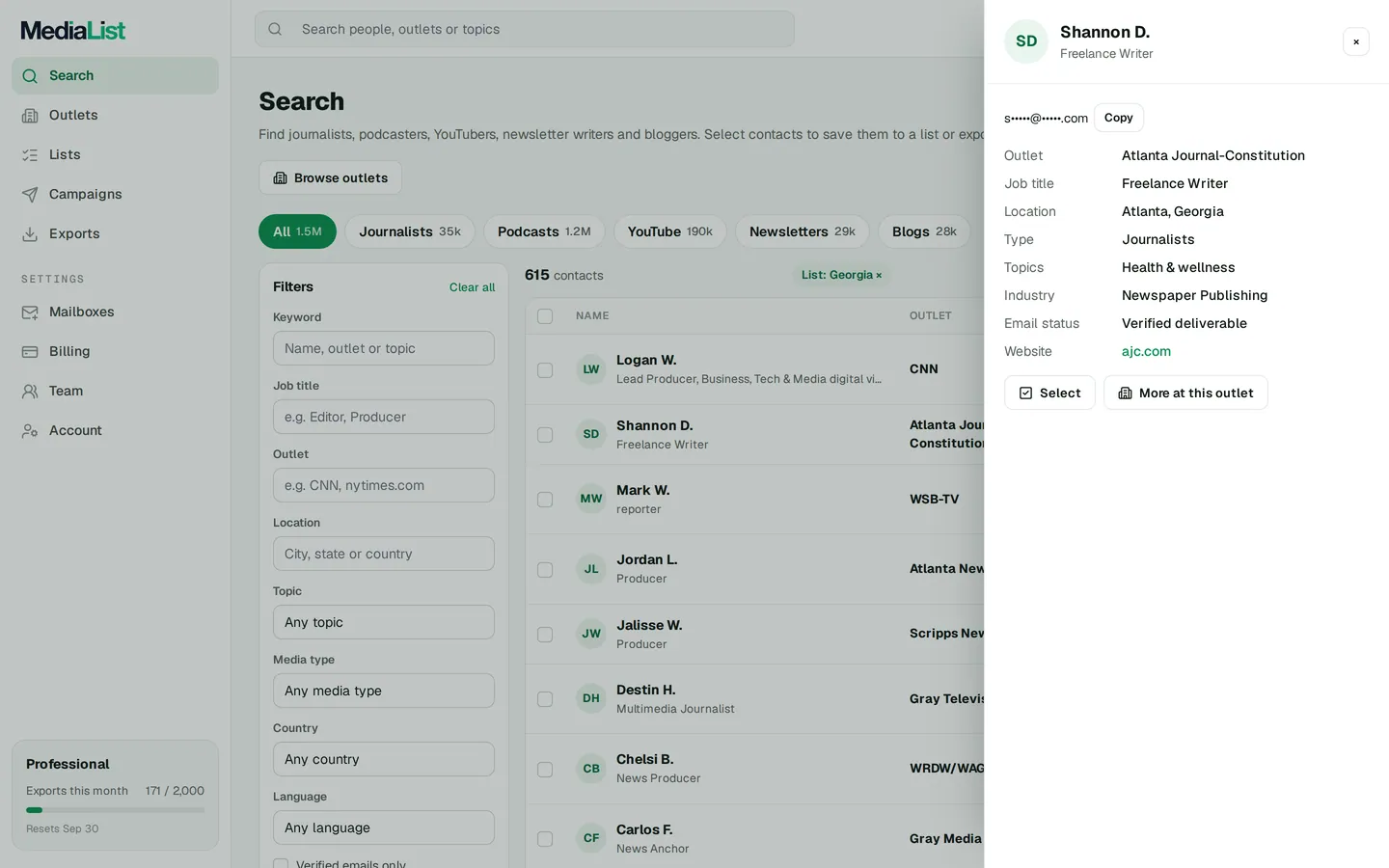 A contact opened in Media List, showing details and an unlocked email