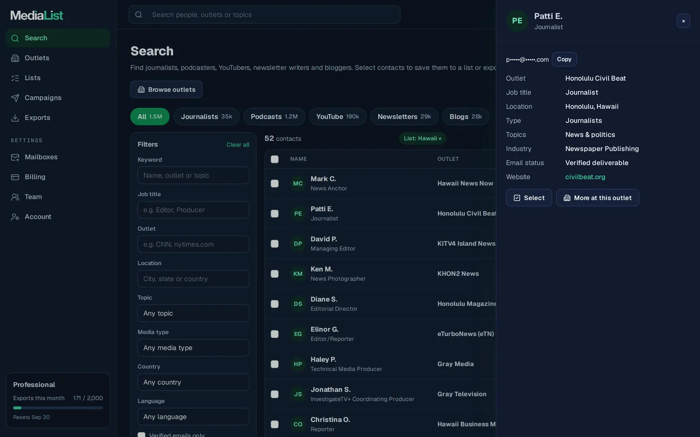 A contact opened in Media List, showing details and an unlocked email