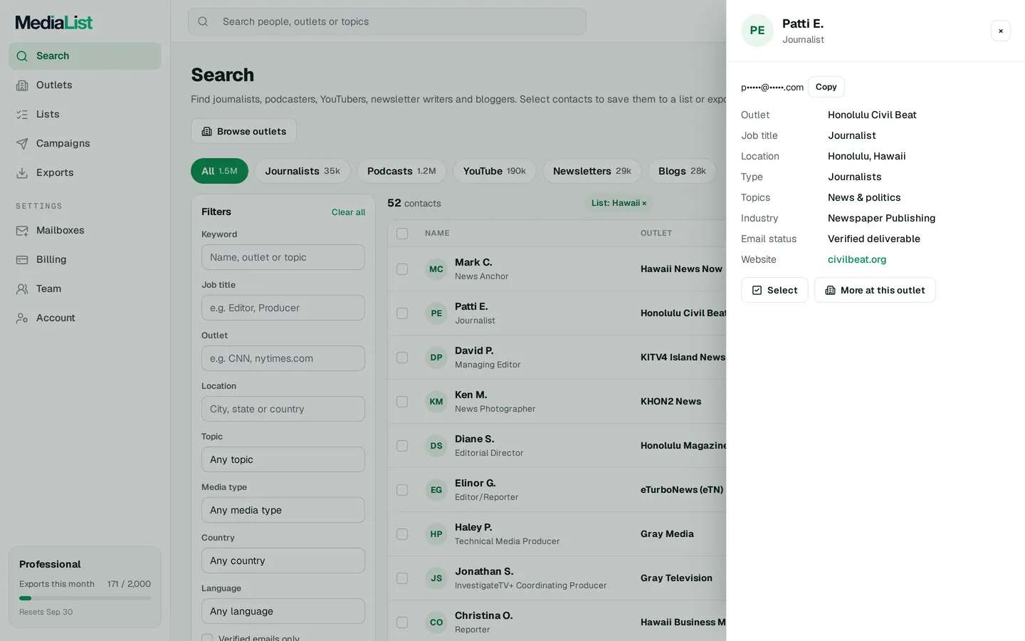 A contact opened in Media List, showing details and an unlocked email