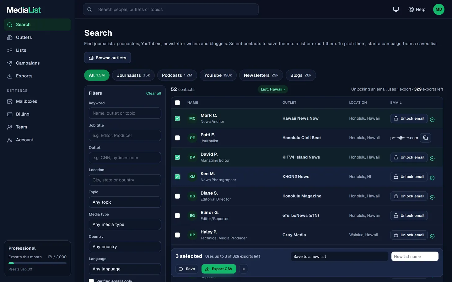 Media List search results with filters, showing contacts and verified emails