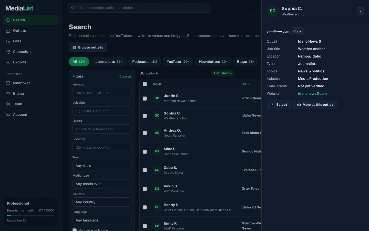 A contact opened in Media List, showing details and an unlocked email