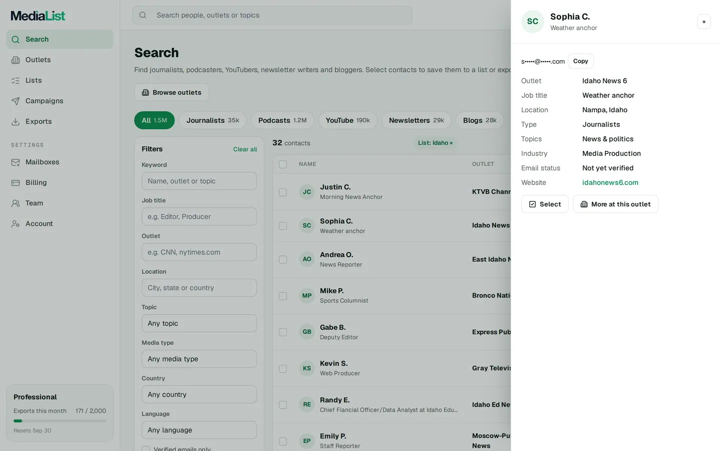 A contact opened in Media List, showing details and an unlocked email