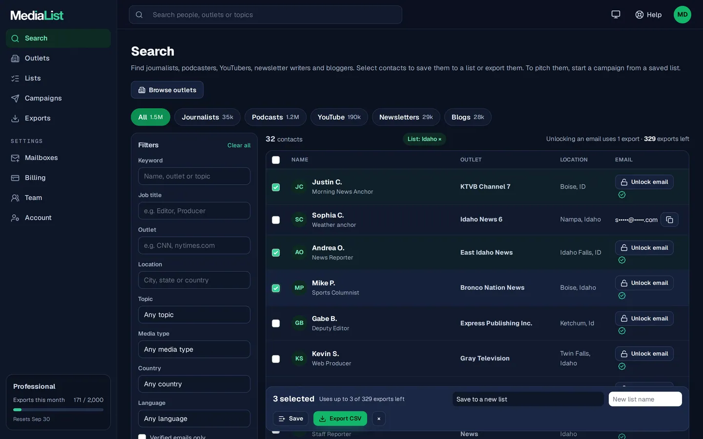 Media List search results with filters, showing contacts and verified emails