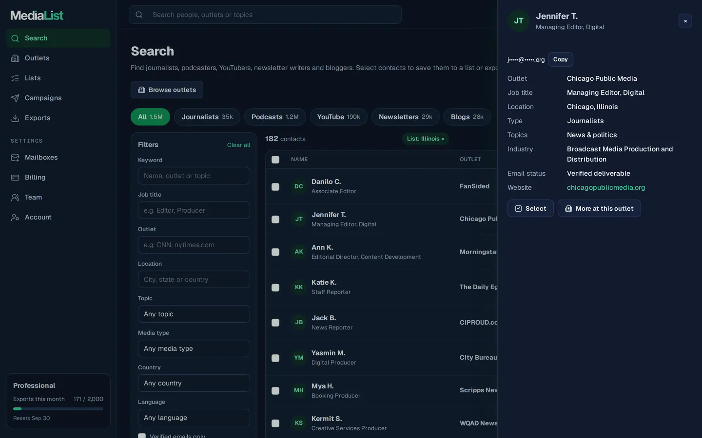 A contact opened in Media List, showing details and an unlocked email