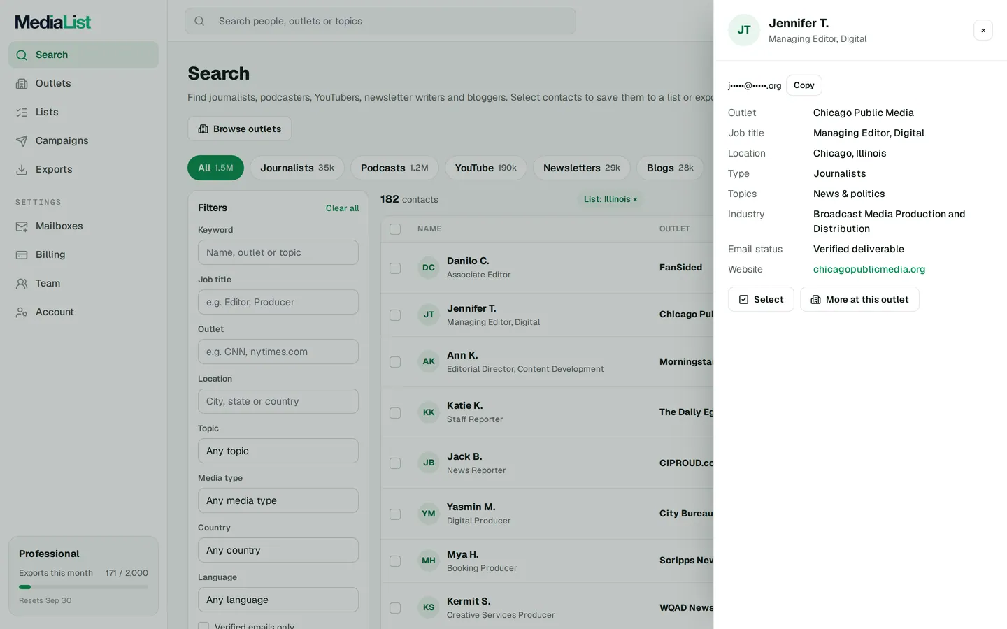 A contact opened in Media List, showing details and an unlocked email