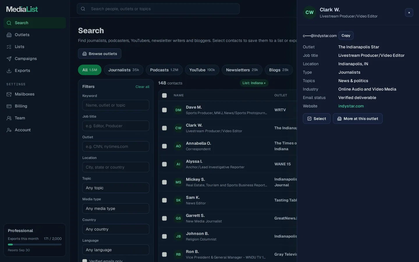 A contact opened in Media List, showing details and an unlocked email