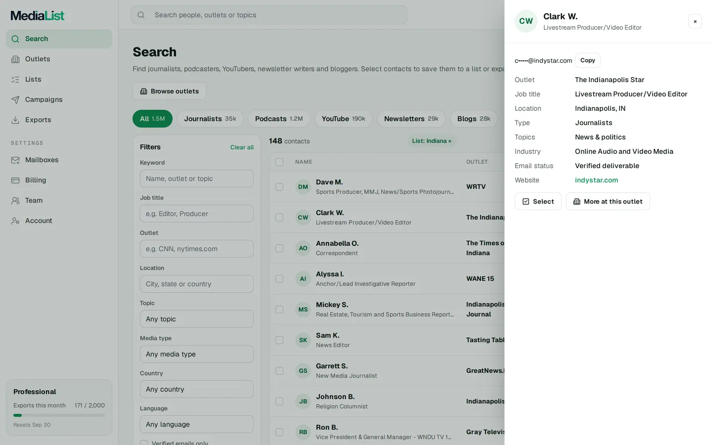 A contact opened in Media List, showing details and an unlocked email
