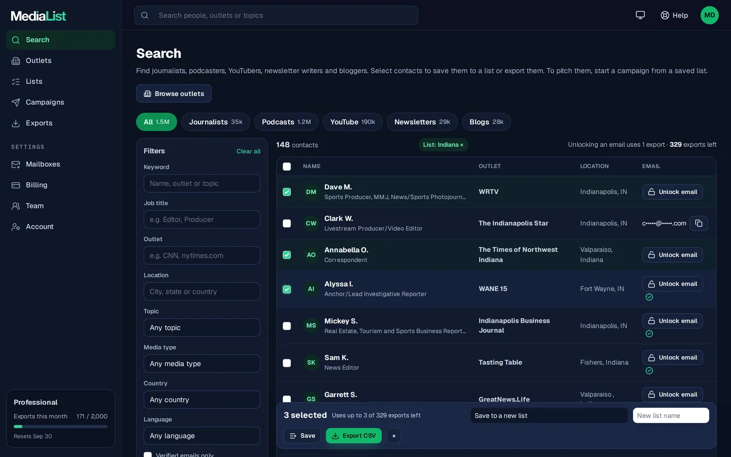Media List search results with filters, showing contacts and verified emails