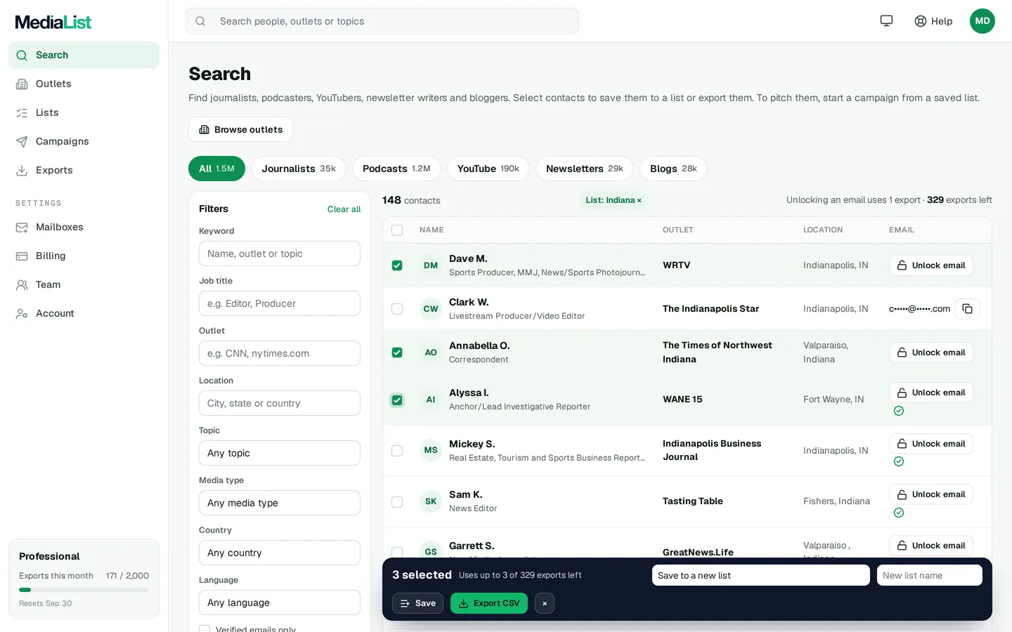 Media List search results with filters, showing contacts and verified emails