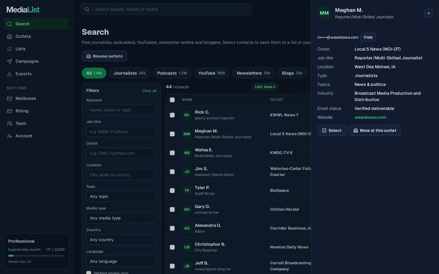 A contact opened in Media List, showing details and an unlocked email