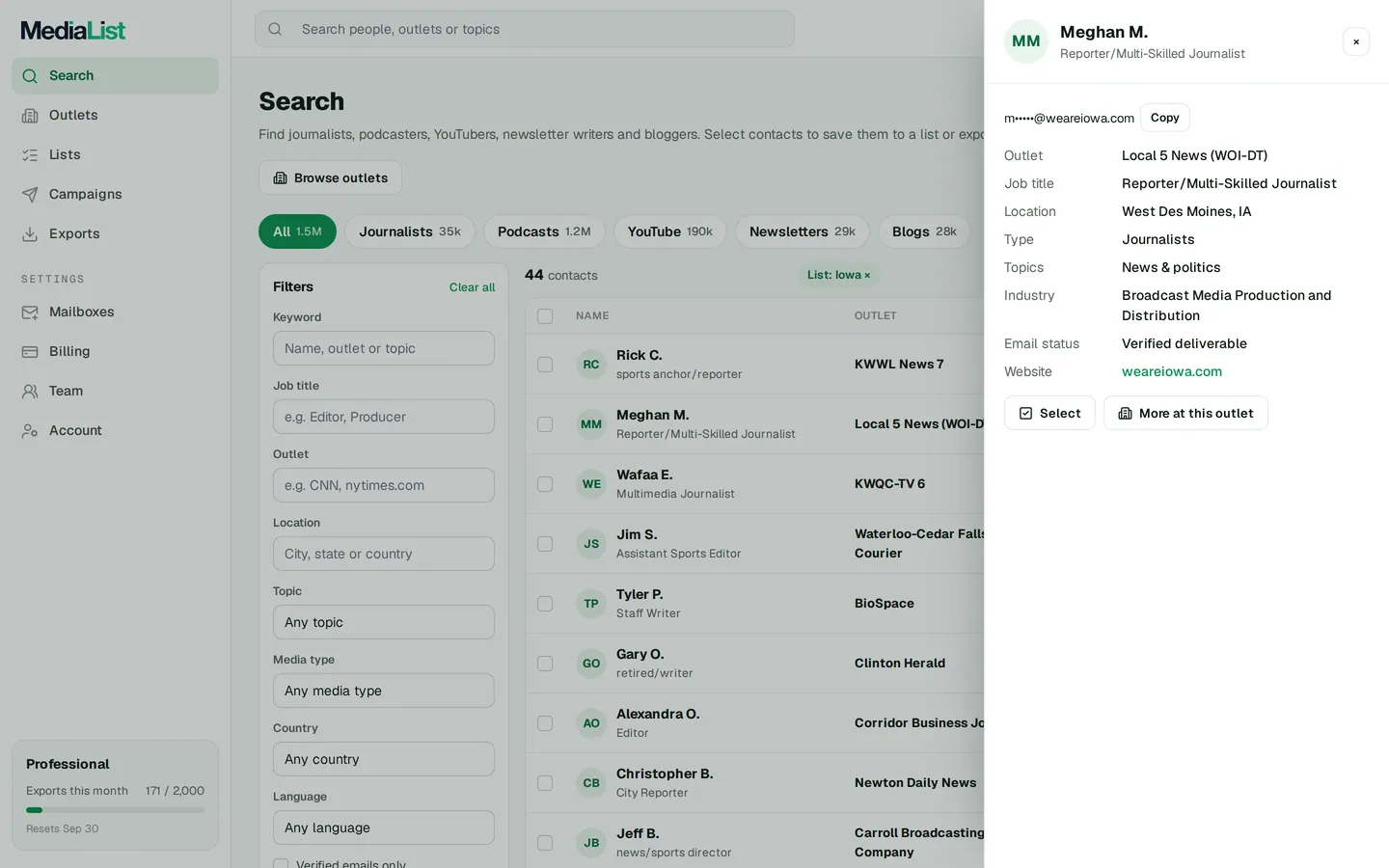 A contact opened in Media List, showing details and an unlocked email