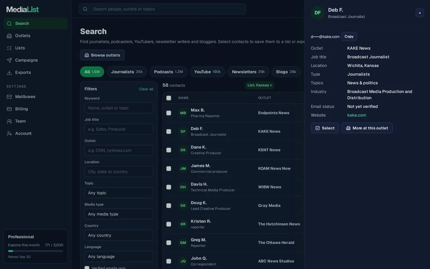 A contact opened in Media List, showing details and an unlocked email