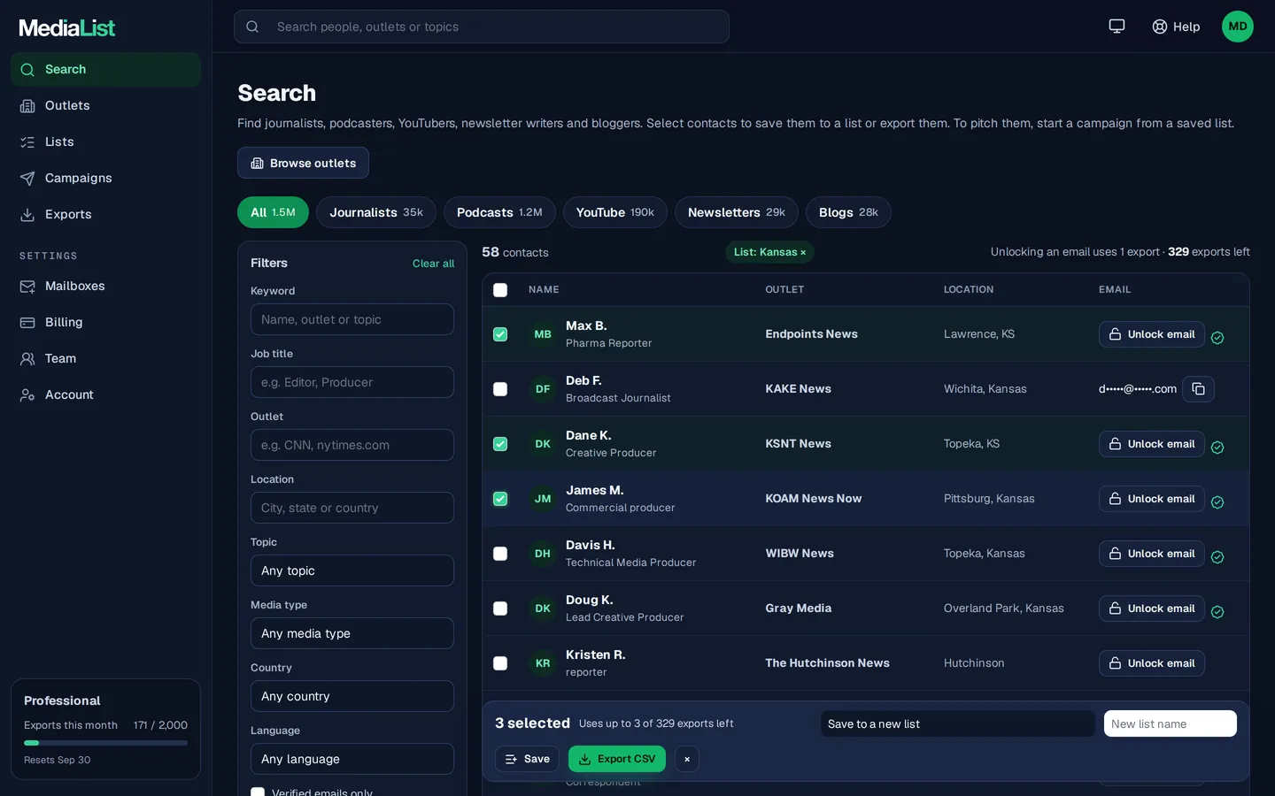 Media List search results with filters, showing contacts and verified emails