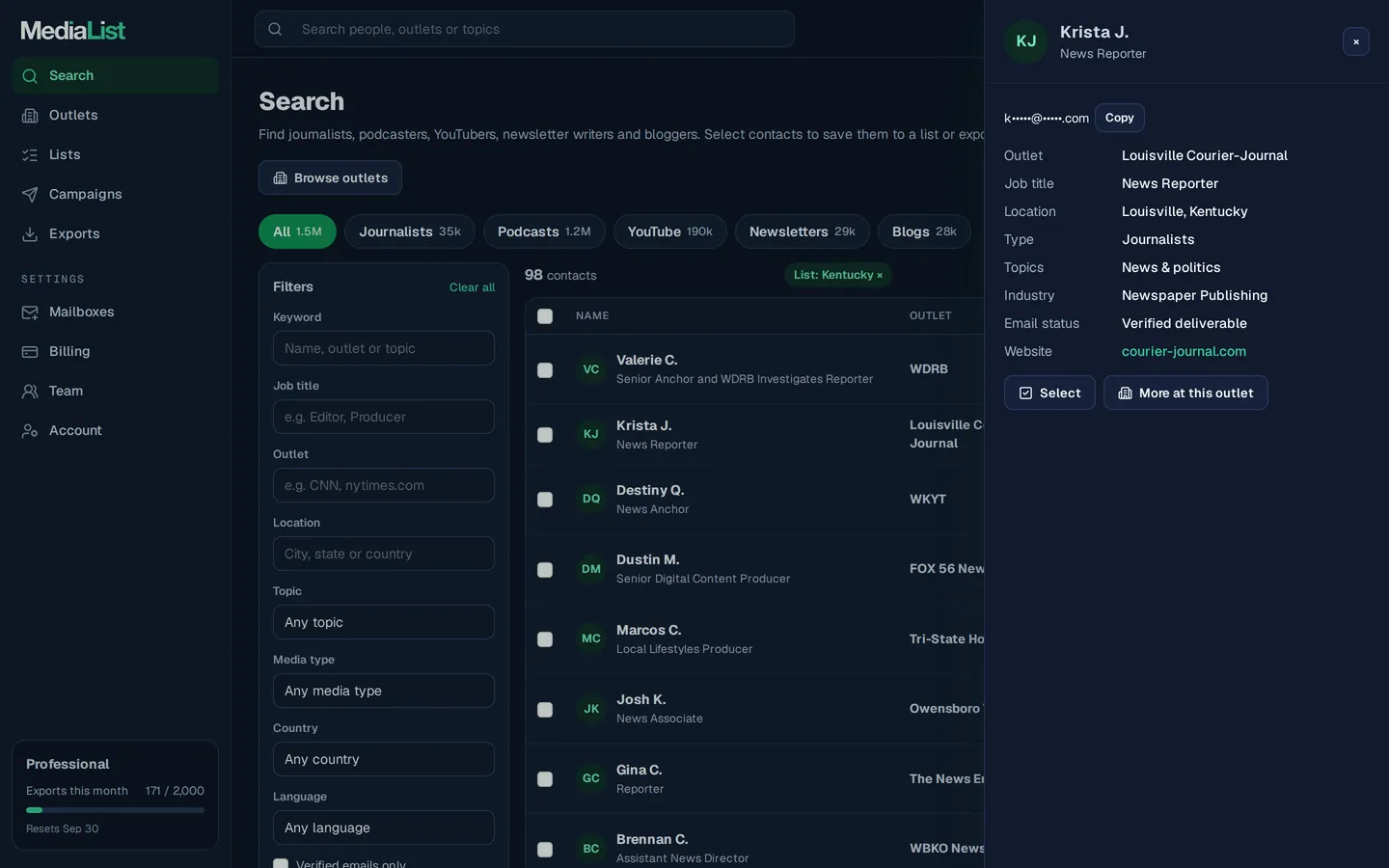 A contact opened in Media List, showing details and an unlocked email