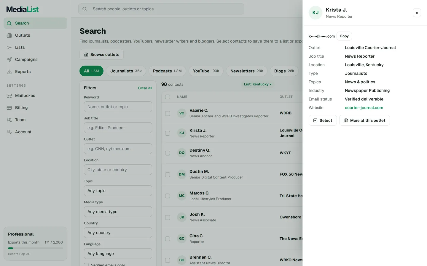 A contact opened in Media List, showing details and an unlocked email